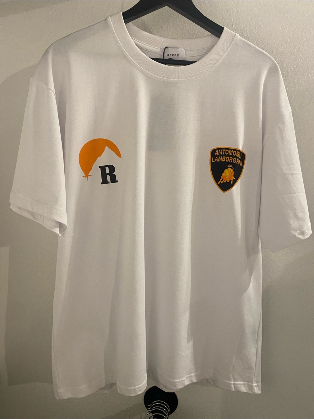 Rhude White Short-Sleeve Tee with Orange Crest Accents